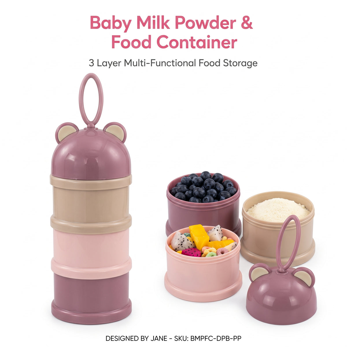 Multi-Functional 3-Tier Baby Formula & Food Storage Container with Bear Handle