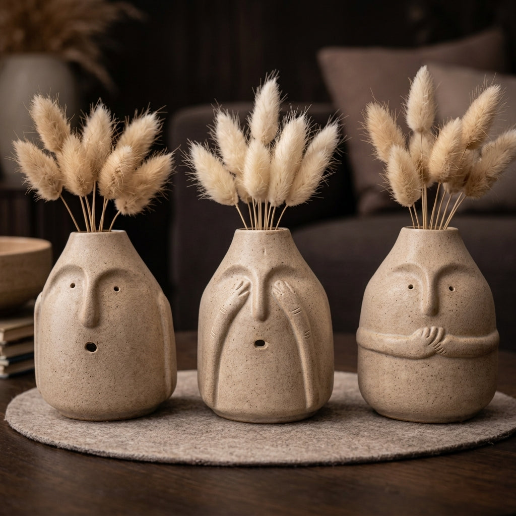 The AABCO Abstract Face Ceramic Trio – Sculptural Vases for Modern Living Spaces