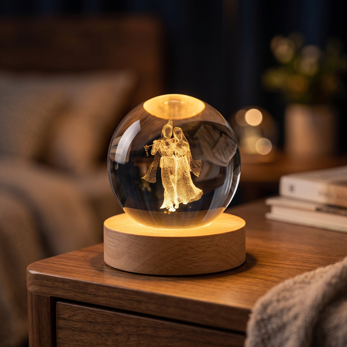 3D Radha Krishna Laser Engraved Crystal Ball Night Lamp with Wooden LED Base | Warm Glowing Spiritual Tabletop Decor & Gift
