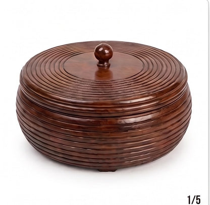 Handcrafted Solid Wooden Chapati Box with Lid – Concentric Ring Carved Roti Dabba & Casserole, Food-Safe Bread Warmer Server for Kitchen & Dining