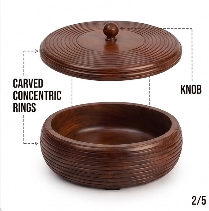 Handcrafted Solid Wooden Chapati Box with Lid – Concentric Ring Carved Roti Dabba & Casserole, Food-Safe Bread Warmer Server for Kitchen & Dining