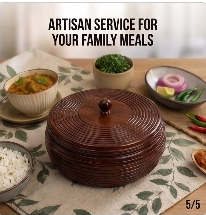 Handcrafted Solid Wooden Chapati Box with Lid – Concentric Ring Carved Roti Dabba & Casserole, Food-Safe Bread Warmer Server for Kitchen & Dining