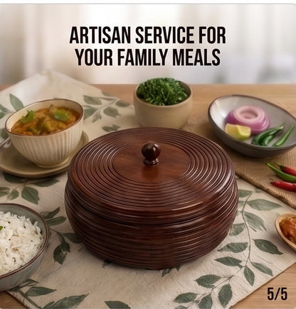 Handcrafted Solid Wooden Chapati Box with Lid – Concentric Ring Carved Roti Dabba & Casserole, Food-Safe Bread Warmer Server for Kitchen & Dining