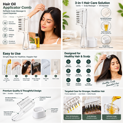 Hair Oil Applicator Comb – Refillable Scalp Massager &amp; Oil Dispenser