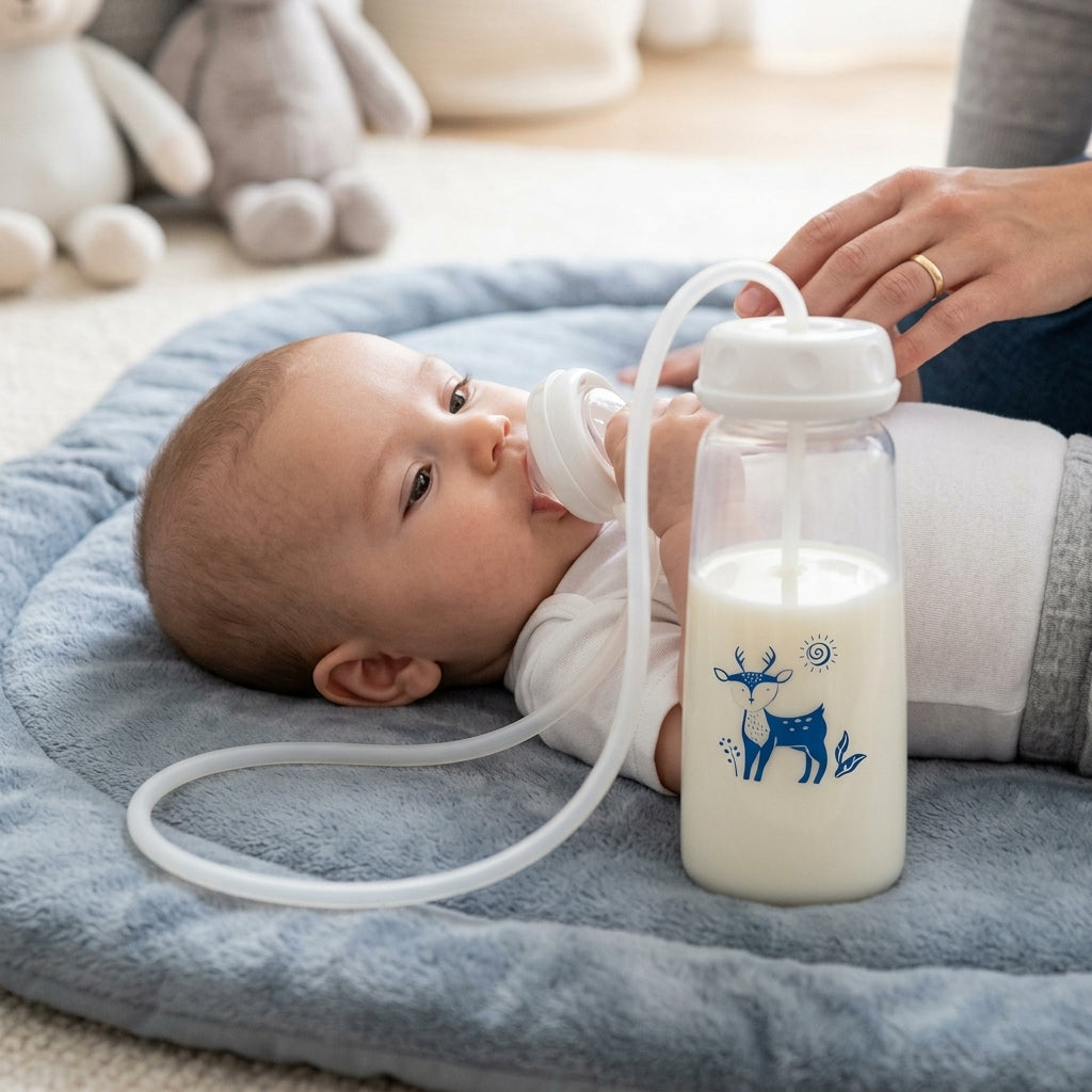 Baby Hands-Free Feeding Bottle with Cap | Self-Feeding Baby Bottle for Newborns & 6+ Months | Easy-Grip Infant Milk Feeding Bottle | 1 Pc, Multicolor