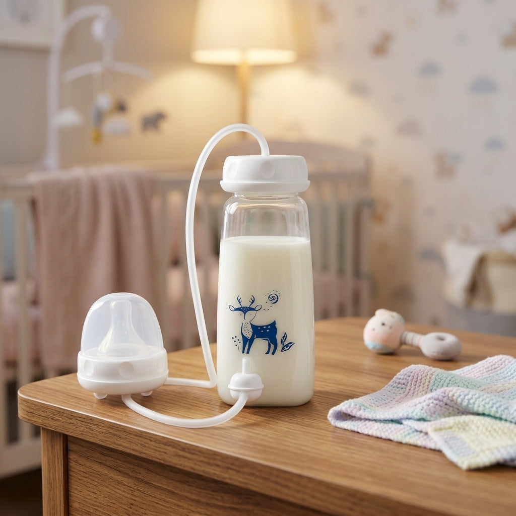 Baby Hands-Free Feeding Bottle with Cap | Self-Feeding Baby Bottle for Newborns & 6+ Months | Easy-Grip Infant Milk Feeding Bottle | 1 Pc, Multicolor