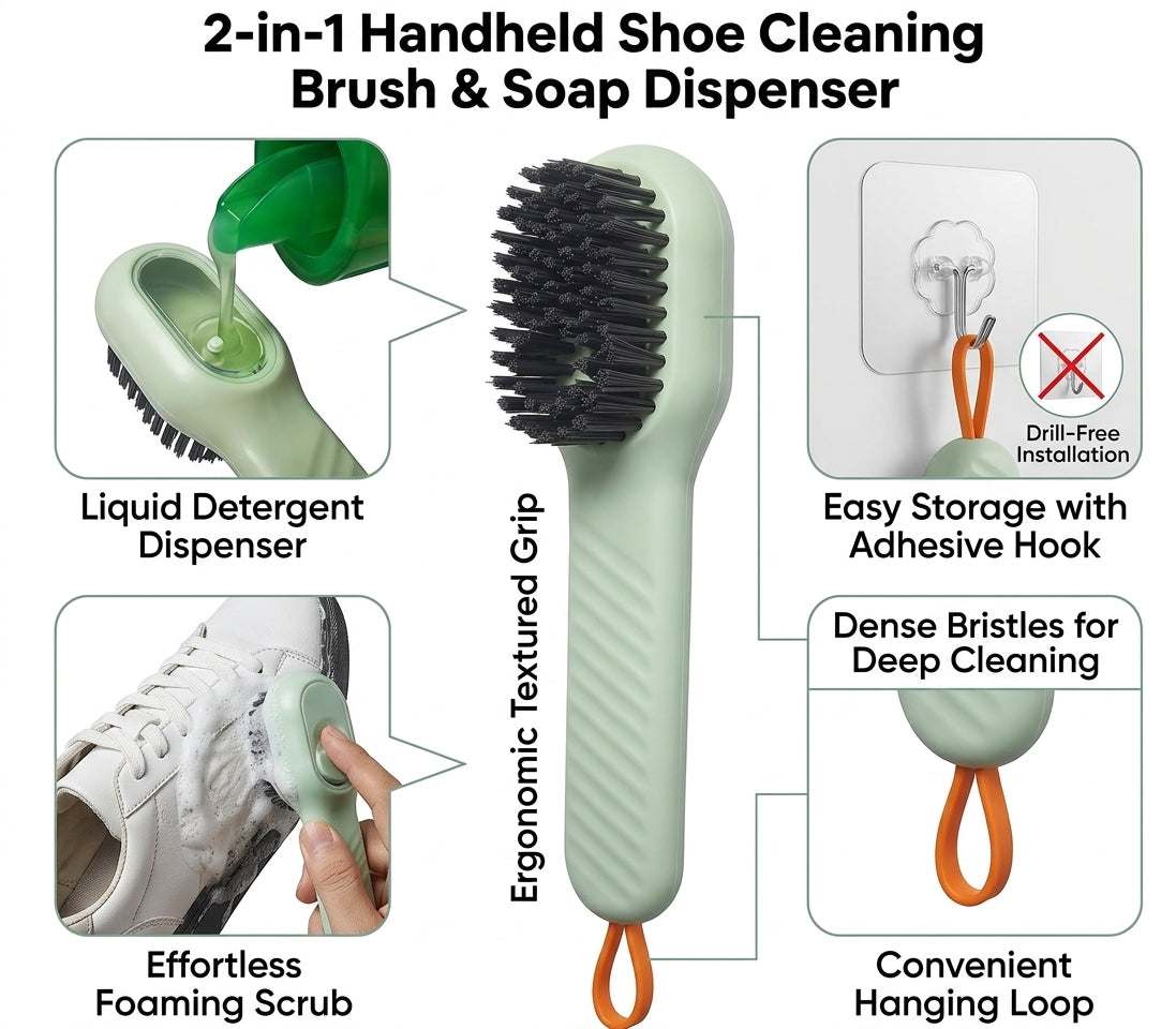 Multifunctional Liquid Adding Cleaning Brush – 2-in-1 Soap Dispensing Shoe Brush with Large Capacity Storage & Soft Fur Bristles for Clothes, Shoes & Deep Cleaning