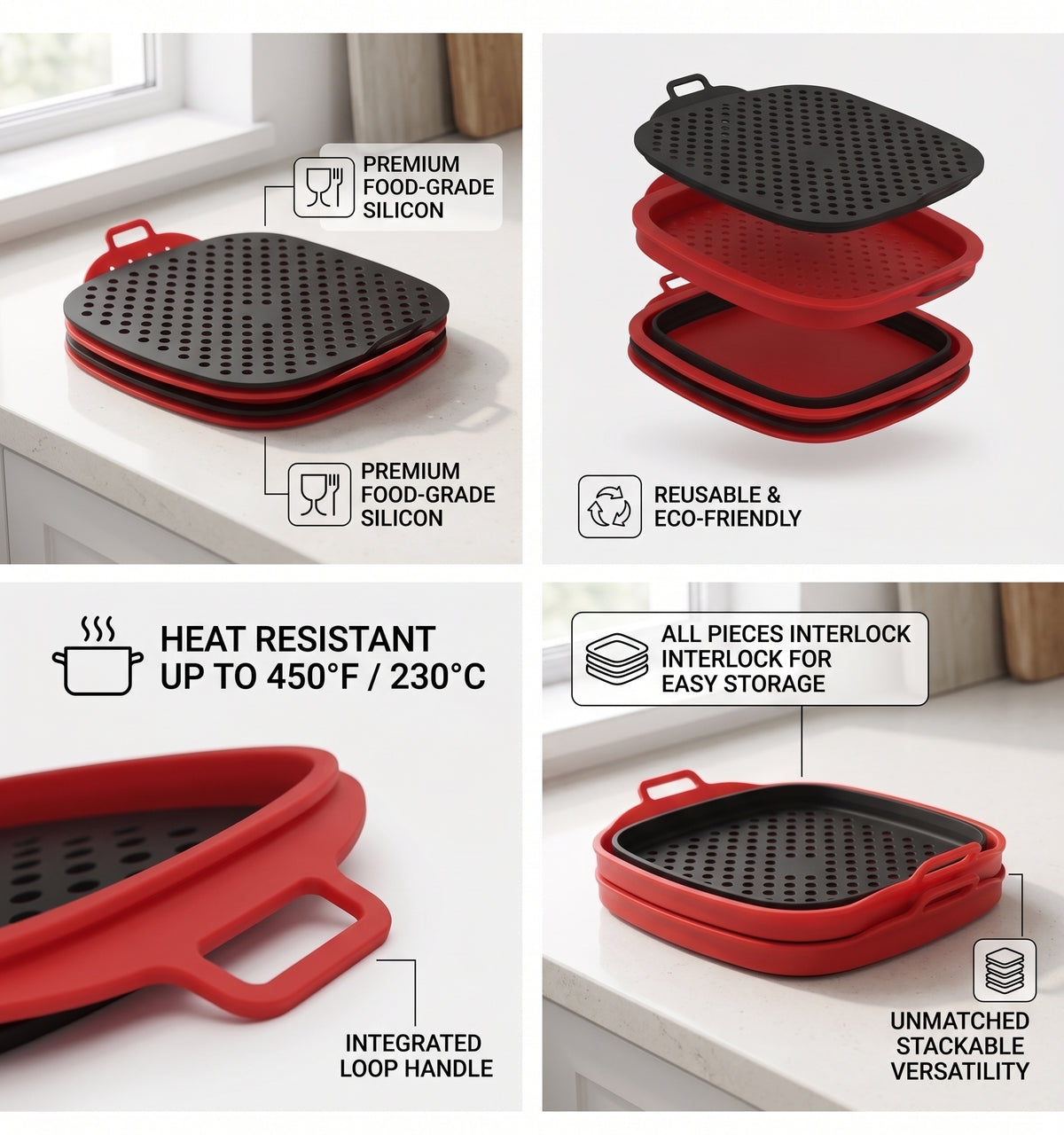 2-Pack Non-Stick Perforated Silicone Air Fryer Mats – Heat-Resistant Reusable Basket Liners