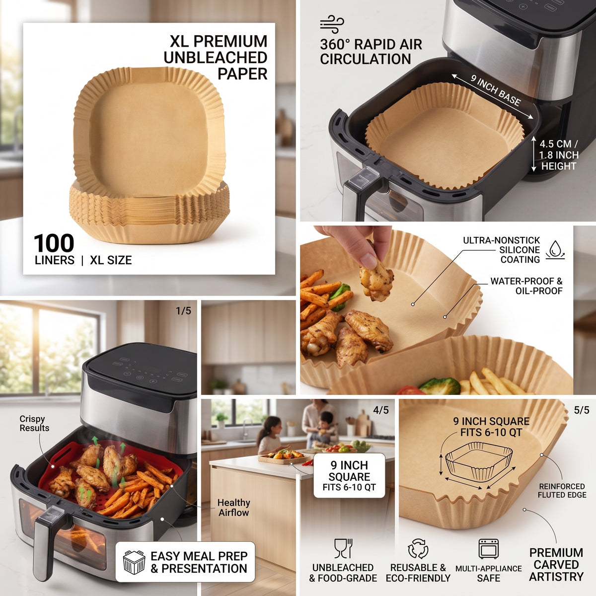 XL Square Air Fryer Disposable Paper Liners 9-Inch (Pack of 100) – Oil-Proof, Waterproof Non-Stick Parchment Paper Baking Trays for 6–10 Qt Air Fryer, Roasting, Oven & Microwave
