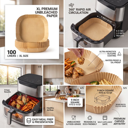 XL Square Air Fryer Disposable Paper Liners 9-Inch (Pack of 100) – Oil-Proof, Waterproof Non-Stick Parchment Paper Baking Trays for 6–10 Qt Air Fryer, Roasting, Oven & Microwave