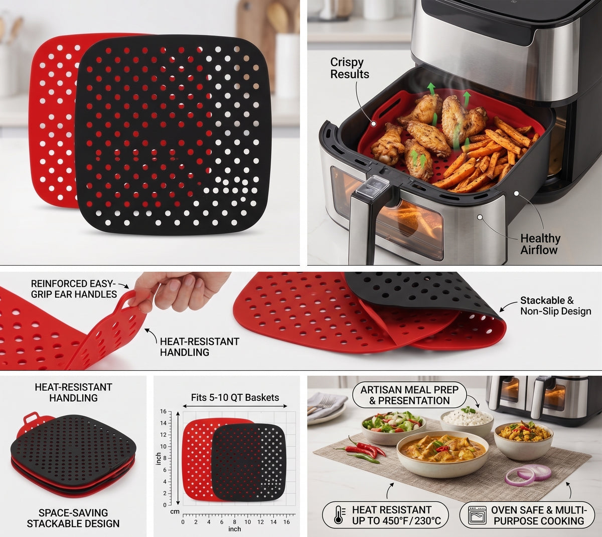 2-Pack Non-Stick Perforated Silicone Air Fryer Mats – Heat-Resistant Reusable Basket Liners