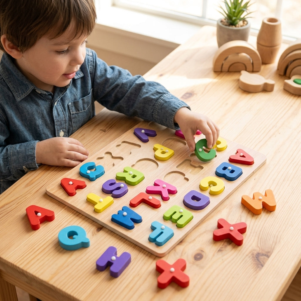 Play & Learn: Colourful Wooden Alphabet Educational Puzzle Board for Kids