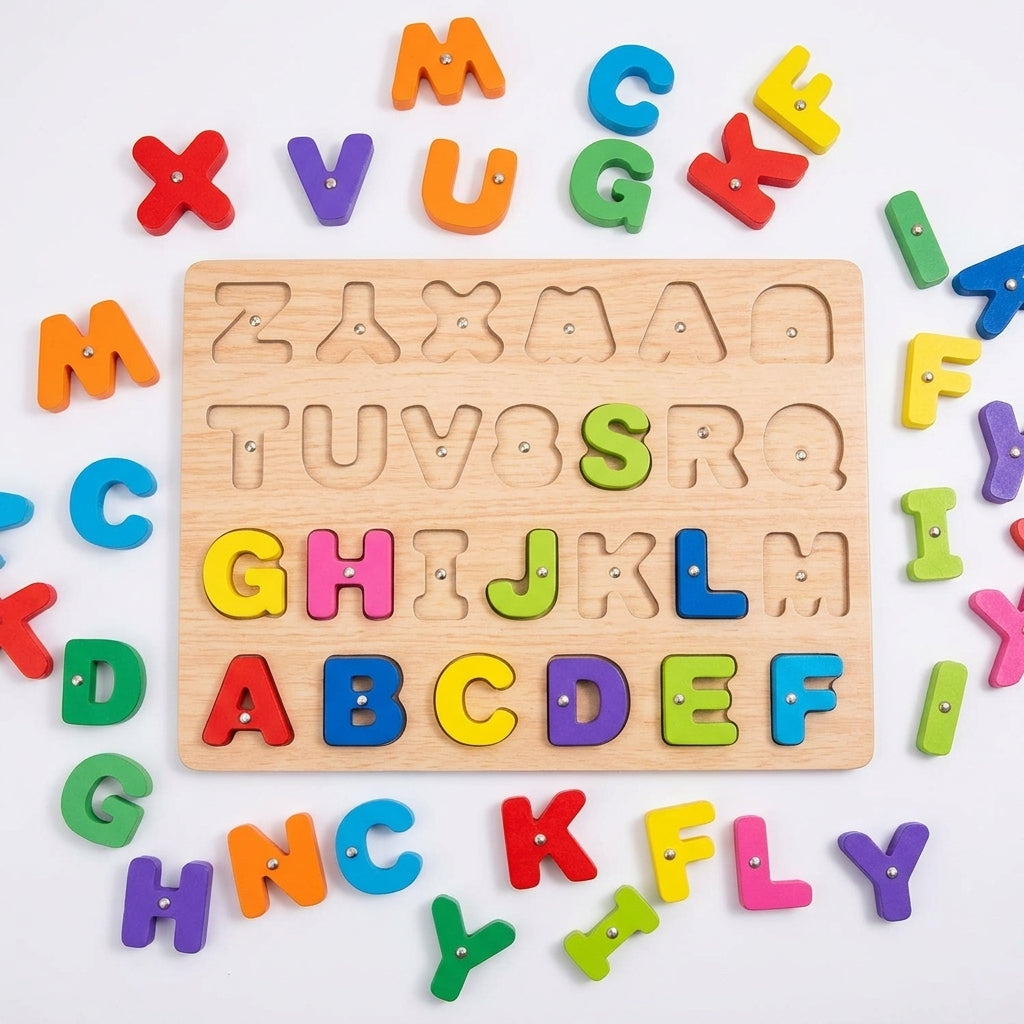Play & Learn: Colourful Wooden Alphabet Educational Puzzle Board for Kids