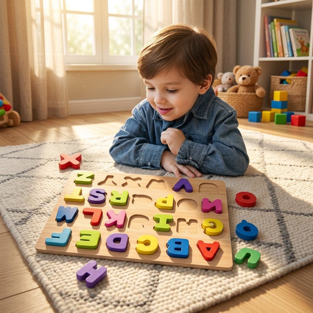 Play & Learn: Colourful Wooden Alphabet Educational Puzzle Board for Kids