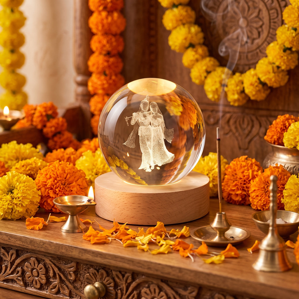 3D Radha Krishna Laser Engraved Crystal Ball Night Lamp with Wooden LED Base | Warm Glowing Spiritual Tabletop Decor & Gift
