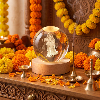 3D Radha Krishna Laser Engraved Crystal Ball Night Lamp with Wooden LED Base | Warm Glowing Spiritual Tabletop Decor & Gift