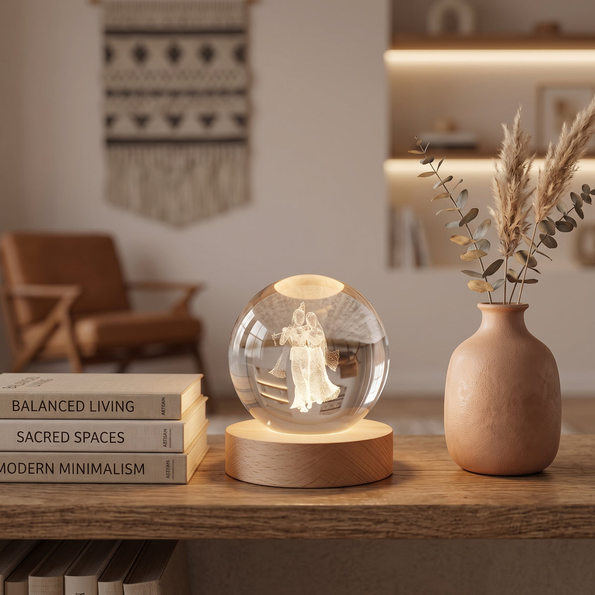 3D Radha Krishna Laser Engraved Crystal Ball Night Lamp with Wooden LED Base | Warm Glowing Spiritual Tabletop Decor & Gift