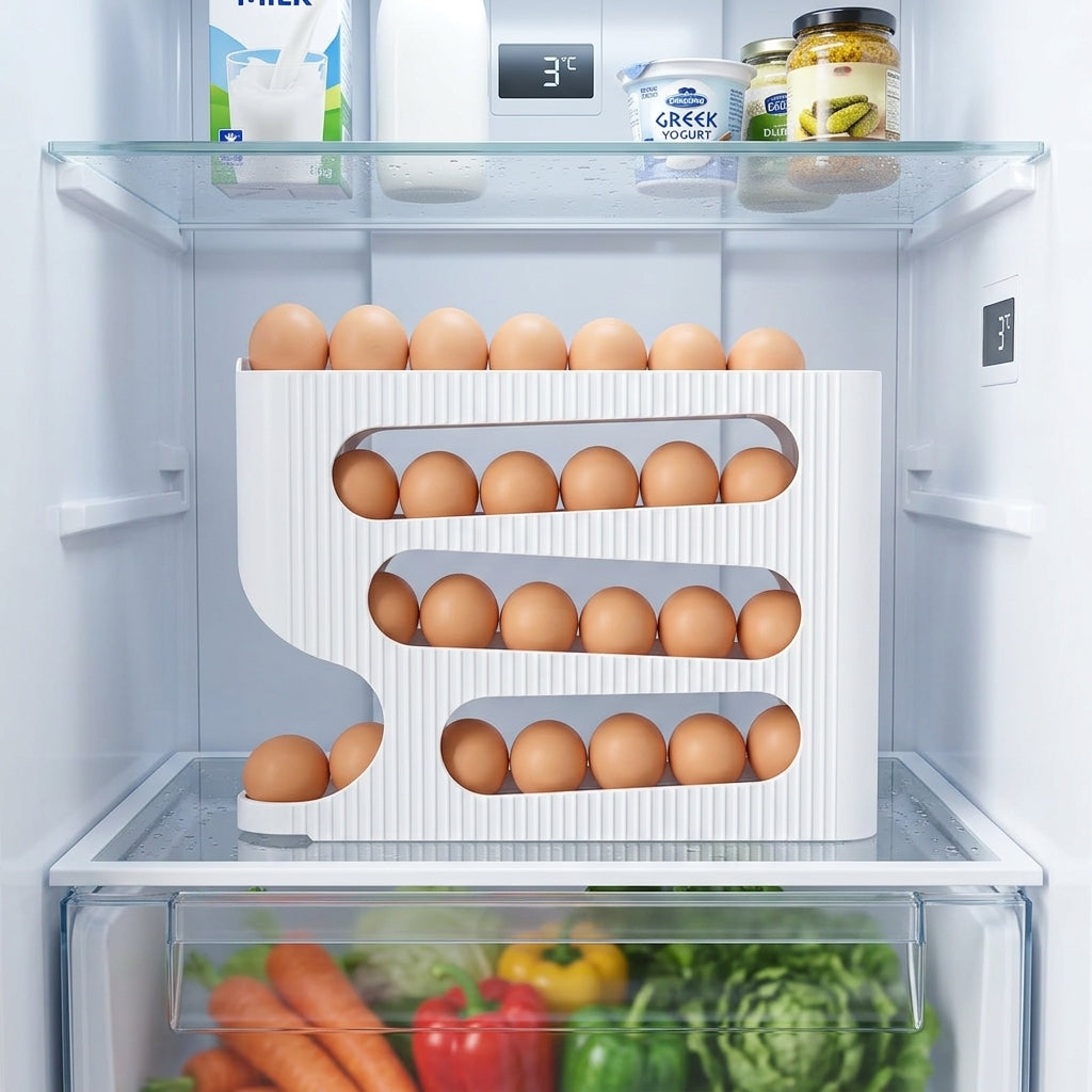 28-Egg Automatic Rolling Egg Storage Rack for Refrigerator | Self-Rolling Egg Organizer & Dispenser | Space-Saving Egg Holder for Kitchen Fridge