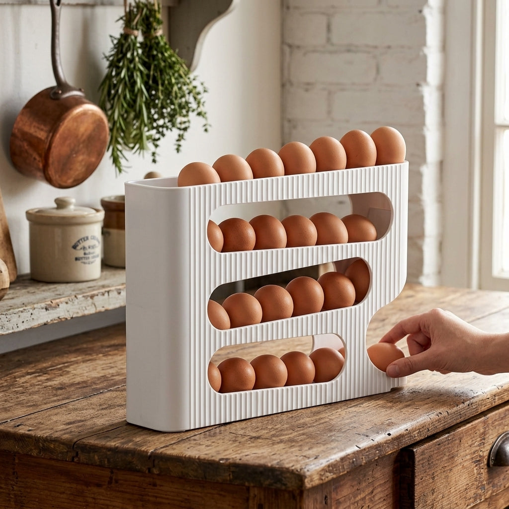 28-Egg Automatic Rolling Egg Storage Rack for Refrigerator | Self-Rolling Egg Organizer & Dispenser | Space-Saving Egg Holder for Kitchen Fridge