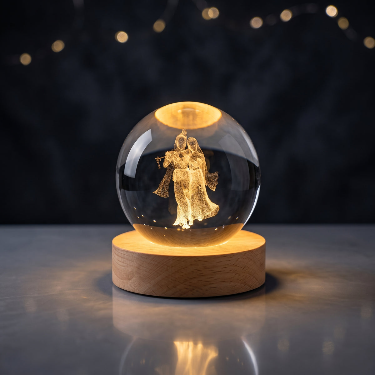 3D Radha Krishna Laser Engraved Crystal Ball Night Lamp with Wooden LED Base | Warm Glowing Spiritual Tabletop Decor & Gift