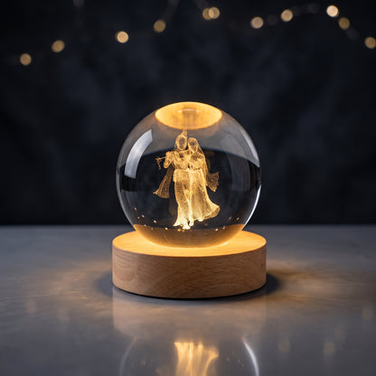 3D Radha Krishna Laser Engraved Crystal Ball Night Lamp with Wooden LED Base | Warm Glowing Spiritual Tabletop Decor & Gift